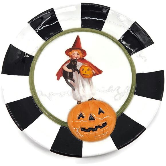 Department 56 Plate Halloween Witch Black Cat Jack O Lantern Plate White Striped - Picture 2 of 11